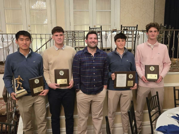 Pictured: (left to right) Alex Kim, Zach Silberstein, Head Coach Beverin, Jake Neubart and Harrison Wortley